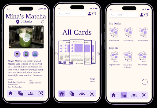3 phone screens with info about places on them